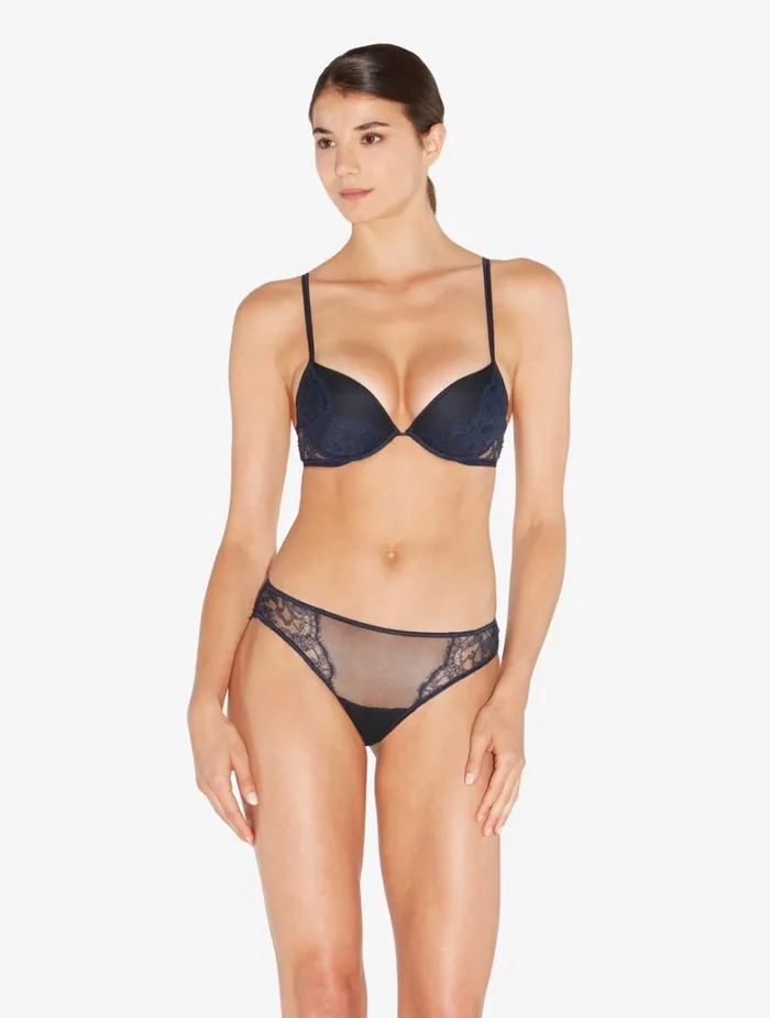 Women Bras La Perla PushUp Bra In Steel Blue And Black With Leavers Lace