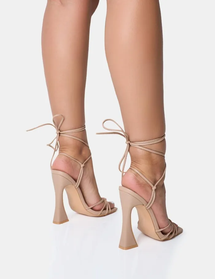 Women Brightside Nude Strappy Tie Up Square Toe Flared Heels Nude Public Desire Wedding