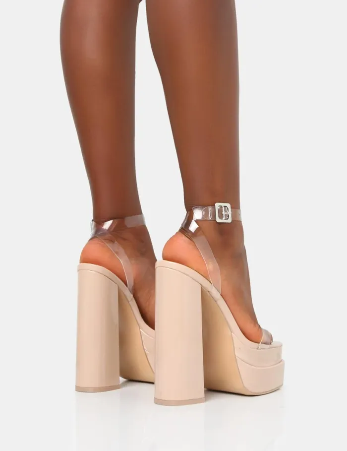Women Calla Nude Patent Barely There Clear Perspex Square Toe Platform Block Heels Neutral Public Desire Prom