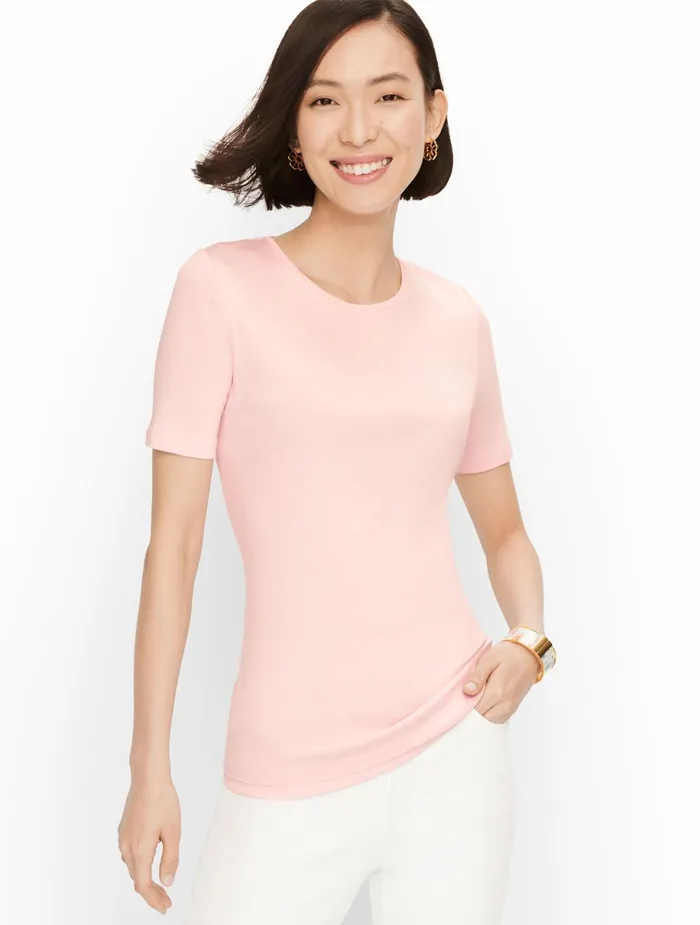 Women Cap And Short Sleeve Talbots Classic Cotton Crewneck Tee Aqua Splash