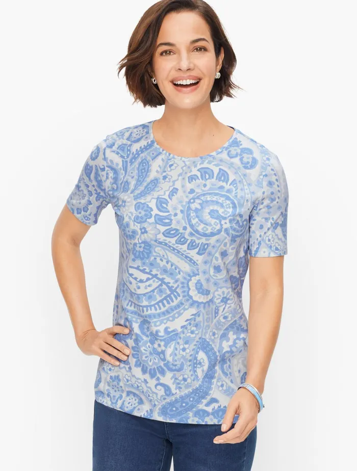 Women Cap And Short Sleeve Talbots Classic Crewneck Tee Vista Blue Multi