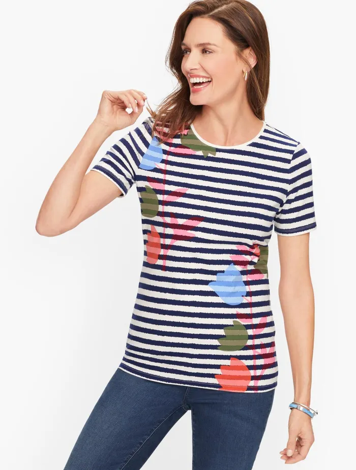 Women Cap And Short Sleeve Talbots Cotton Crew Neck Tee India Ink