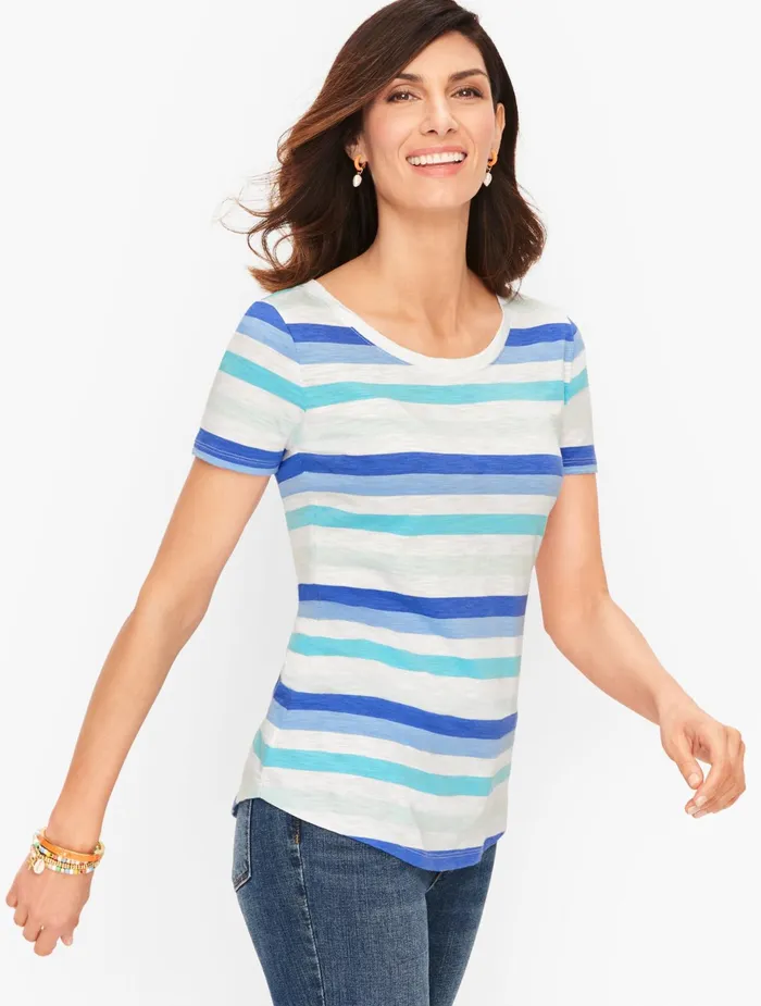 Women Cap And Short Sleeve Talbots Cotton Modal Back Detail Tee Blue Multi