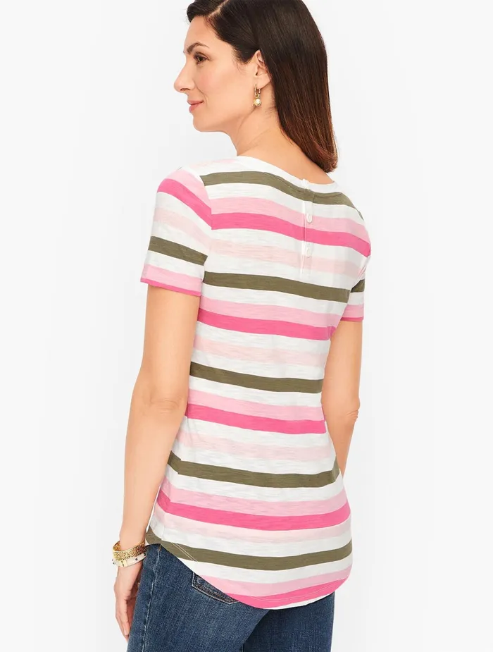 Women Cap And Short Sleeve Talbots Cotton Modal Back Detail Tee Blue Multi