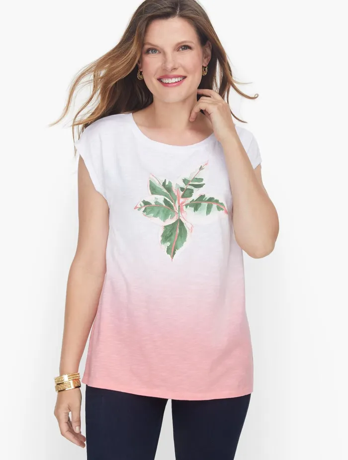 Women Cap And Short Sleeve Talbots Dip Dye Watercolor Plant Tee Whitemulti
