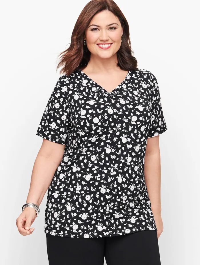 Women Cap And Short Sleeve Talbots Knit Jersey Keyhole Twist Top Blackwhite