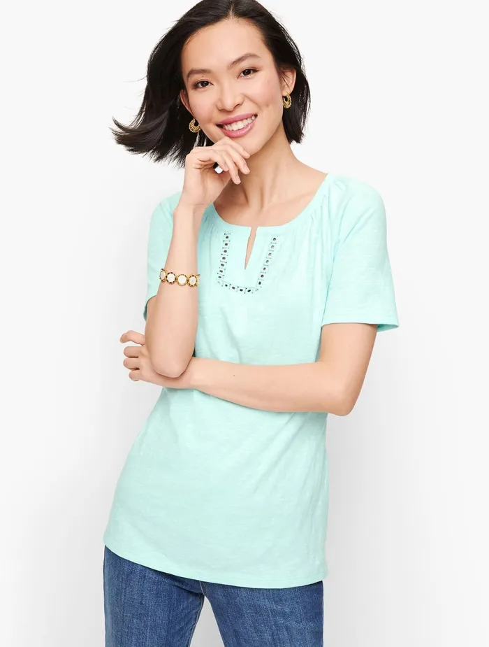 Women Cap And Short Sleeve Talbots Lace Trim Split Neck Tee Lavender Sky