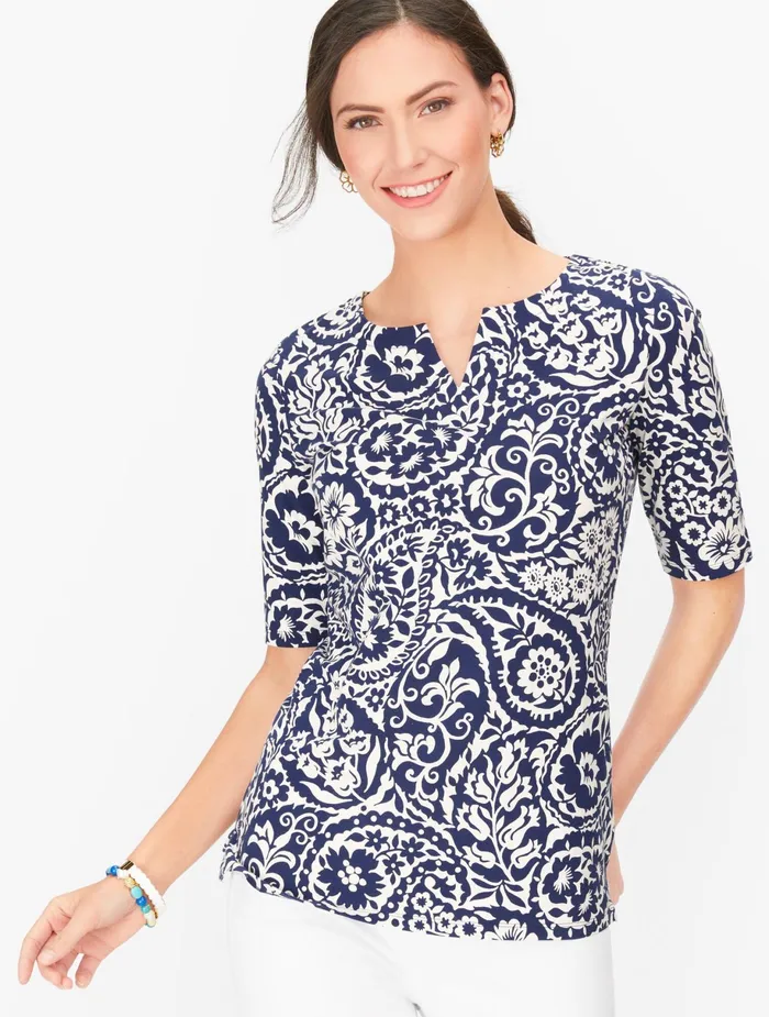 Women Cap And Short Sleeve Talbots Paisley Split Neck Tee Ivoryindia Ink