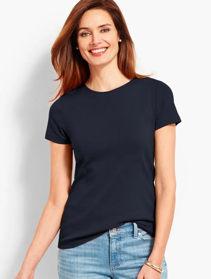 Women Cap And Short Sleeve Talbots Pima Cotton Crewneck Tee Black