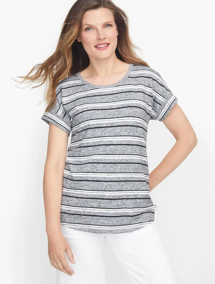 Women Cap And Short Sleeve Talbots Pleated Back Pullover Grey Multi