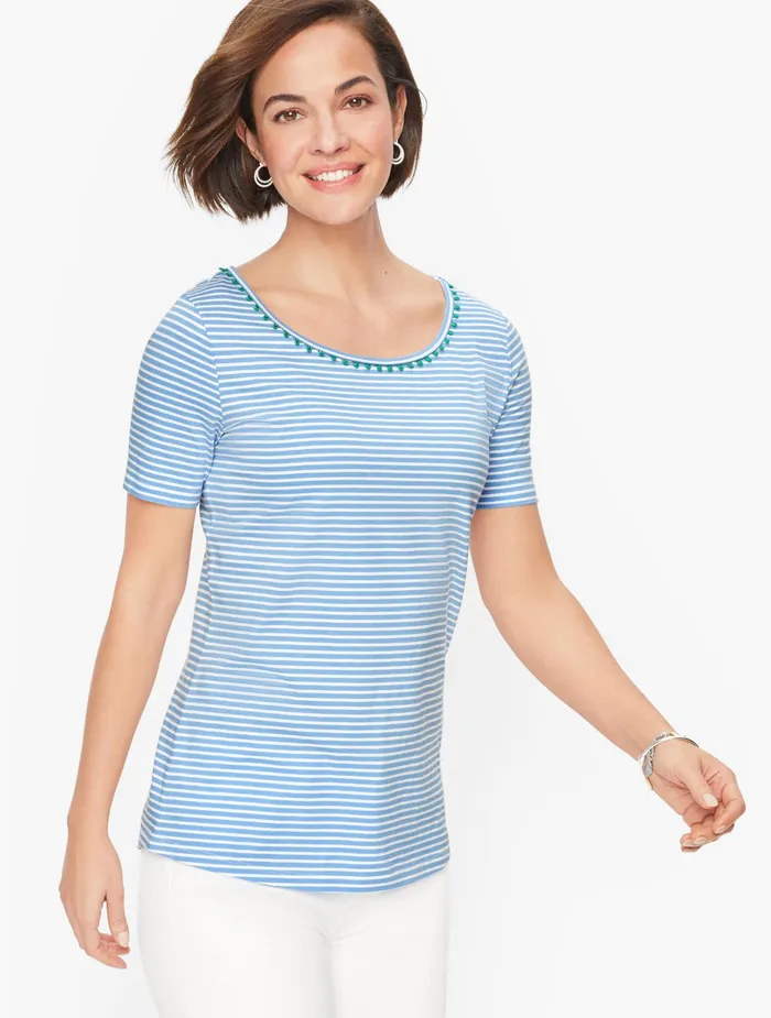 Women Cap And Short Sleeve Talbots Pom Pom Trim Tee Gardenia