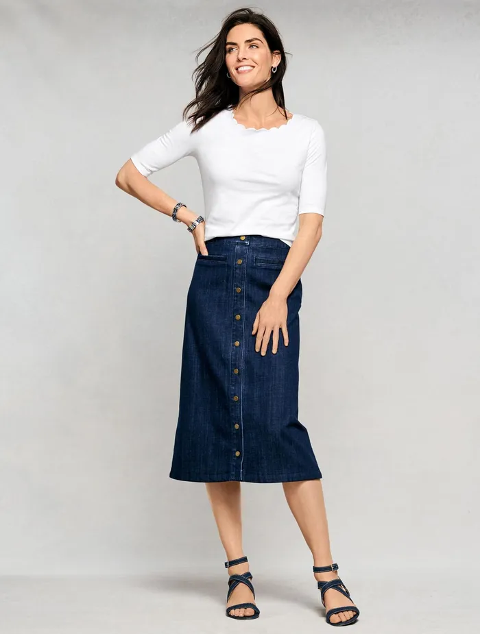 Women Cap And Short Sleeve Talbots Scallop Tee Blue Wave