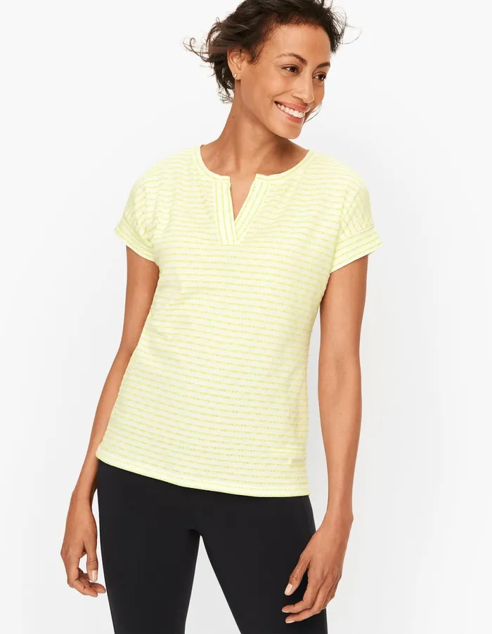 Women Cap And Short Sleeve Talbots Textured Dot Stripe Tee Whitecitrus Honey