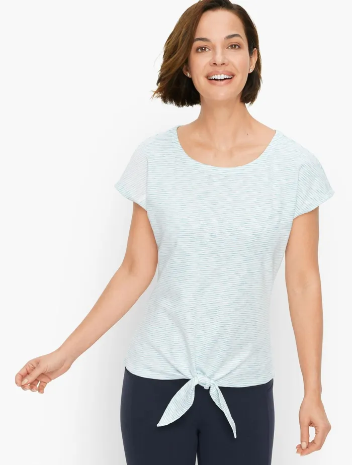 Women Cap And Short Sleeve Talbots Tie Front Stripe Tee Whitelagoon