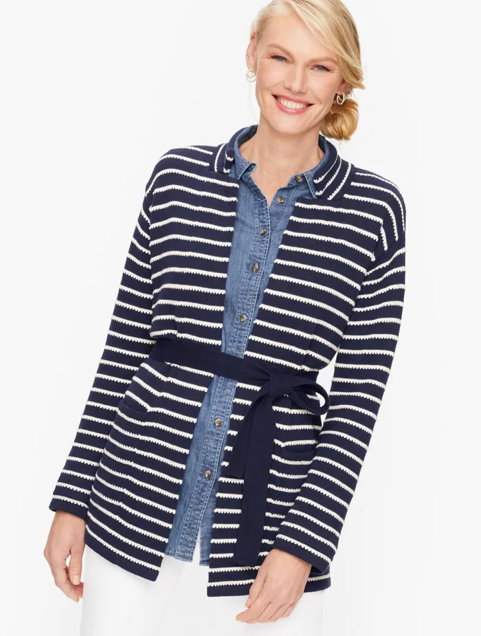 Women Cardigans And Jackets Talbots Supersoft Belted Cardigan Indigo Blueivory