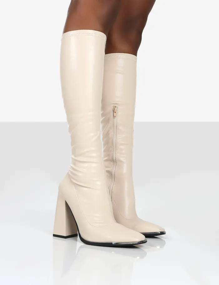 Women Caryn Stone PU Knee High Heeled Boots White Public Desire Party
