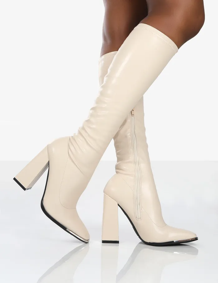 Women Caryn Stone PU Knee High Heeled Boots White Public Desire Party