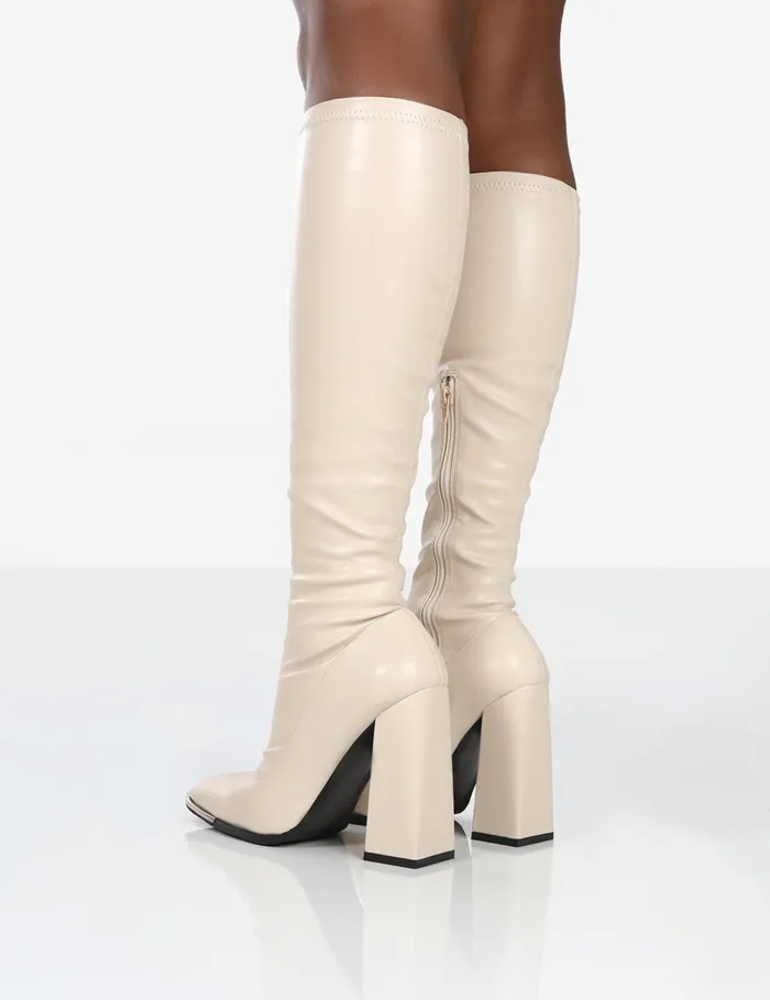 Women Caryn Stone PU Knee High Heeled Boots White Public Desire Party