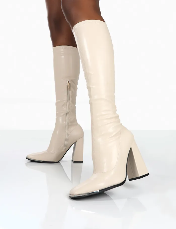 Women Caryn Stone PU Knee High Heeled Boots White Public Desire Party