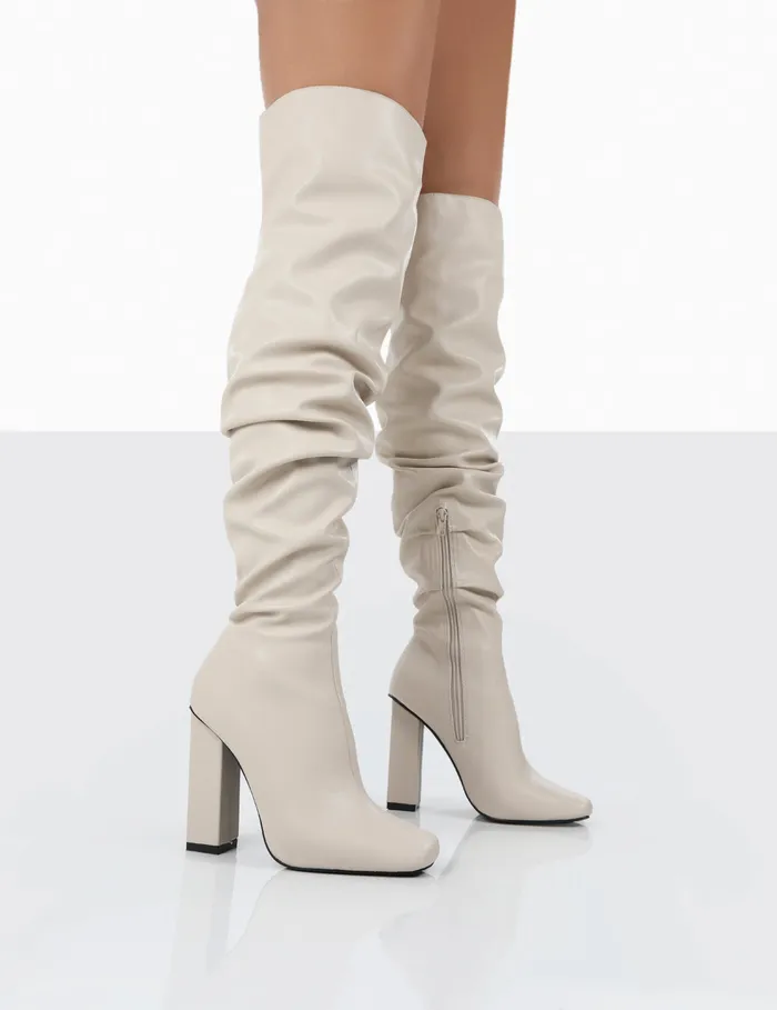 Women Cassia Ecru Block Heel Over The Knee Boots Ecru Public Desire Party