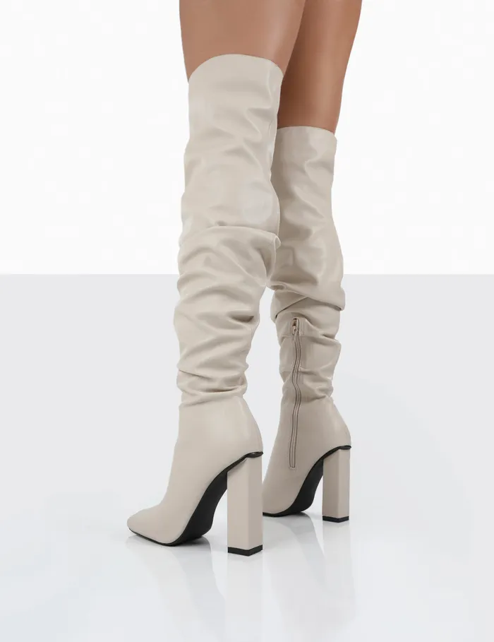 Women Cassia Ecru Block Heel Over The Knee Boots Ecru Public Desire Party