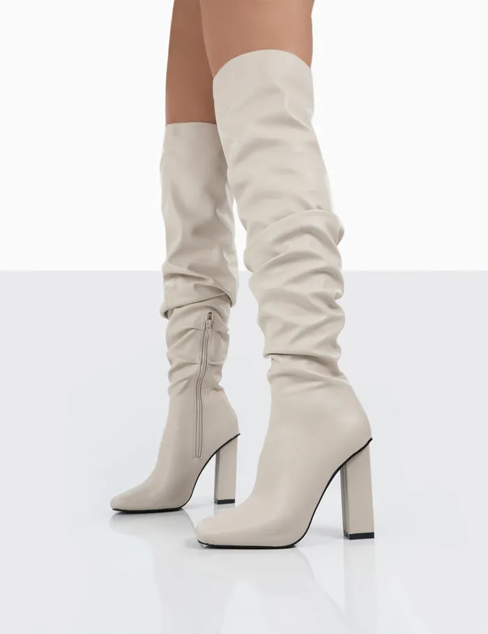 Women Cassia Ecru Block Heel Over The Knee Boots Ecru Public Desire Party