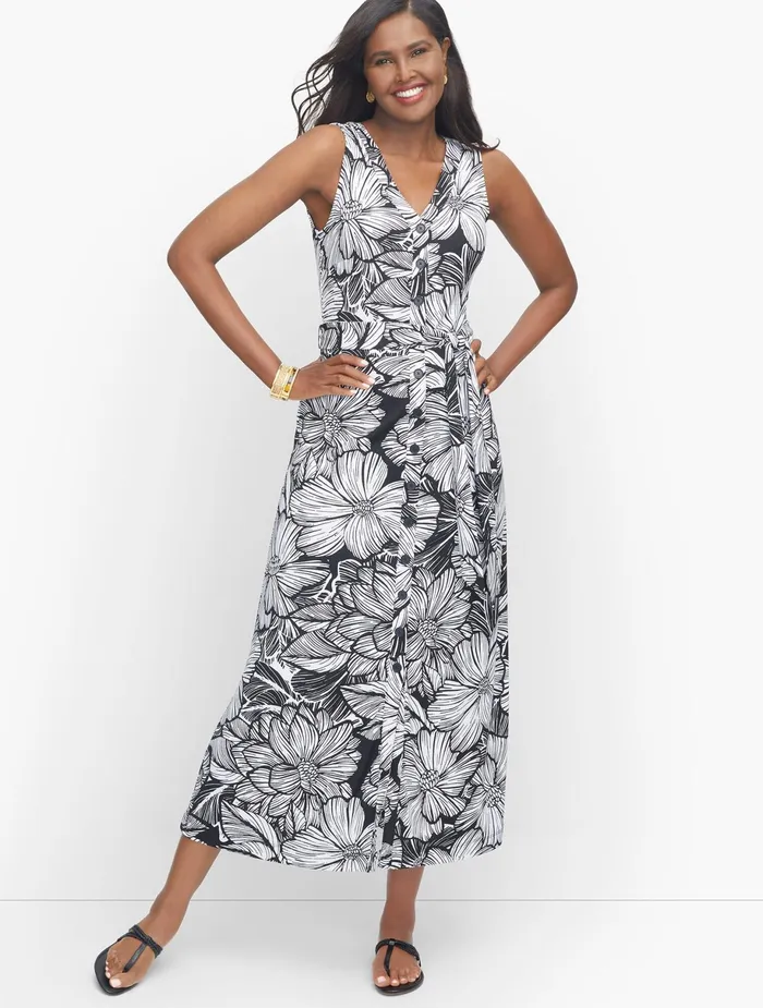 Women Casual Talbots Knit Jersey Button Front Tropical Maxi Dress Blackwhite