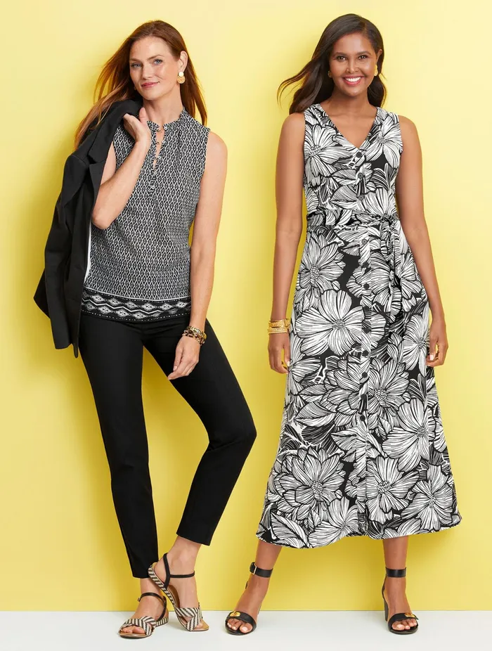 Women Casual Talbots Knit Jersey Button Front Tropical Maxi Dress Blackwhite