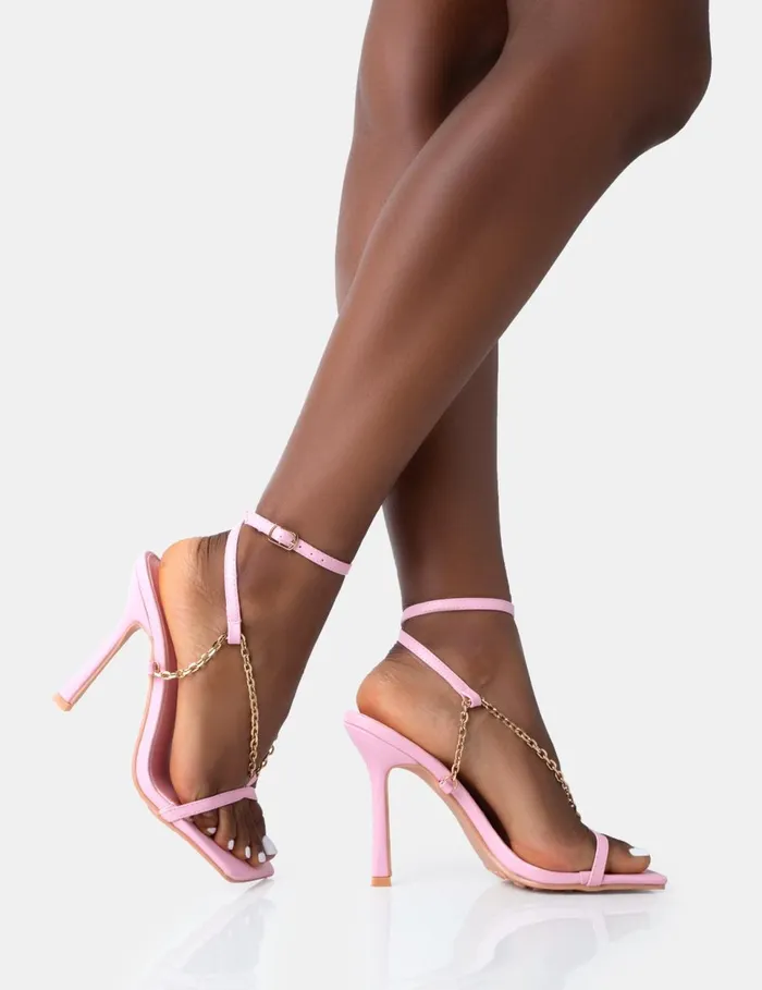 Women CATWALK BABY PINK PU CHAIN STRAPPY SQUARE TOE STILETTO HEELS Pink Public Desire Metallics