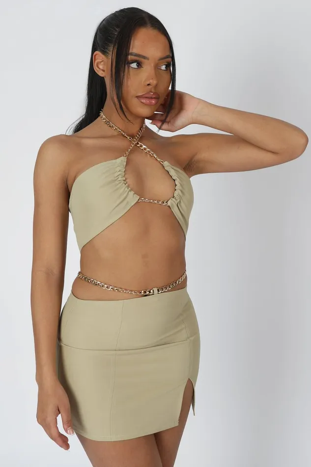 Women Chain Waist Mini Skirt Sage Kaiia Green Public Desire Two Piece Sets