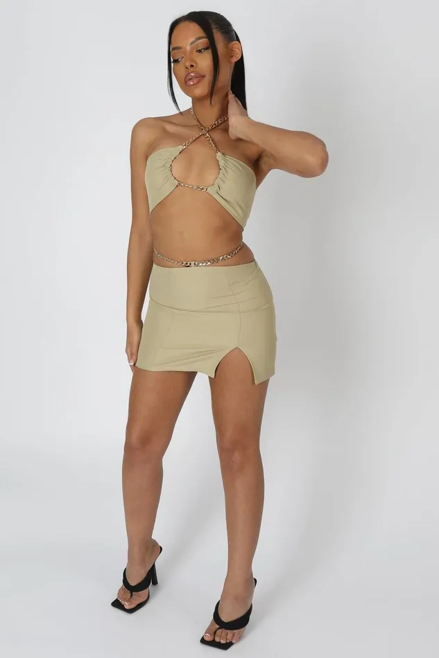 Women Chain Waist Mini Skirt Sage Kaiia Green Public Desire Two Piece Sets