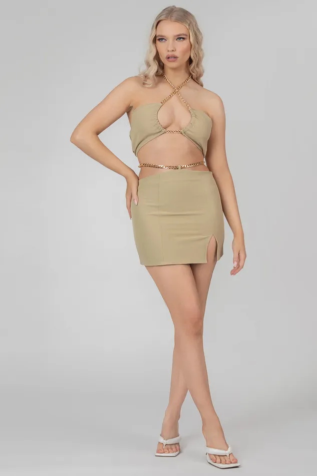 Women Chain Waist Mini Skirt Sage Kaiia Green Public Desire Two Piece Sets