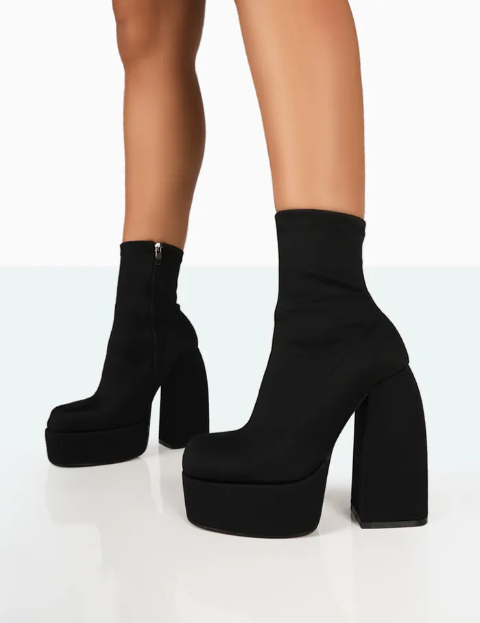 Women Charlie Black Nylon Square Toe Block Heel Ankle Boots Black Public Desire Ankle Boots