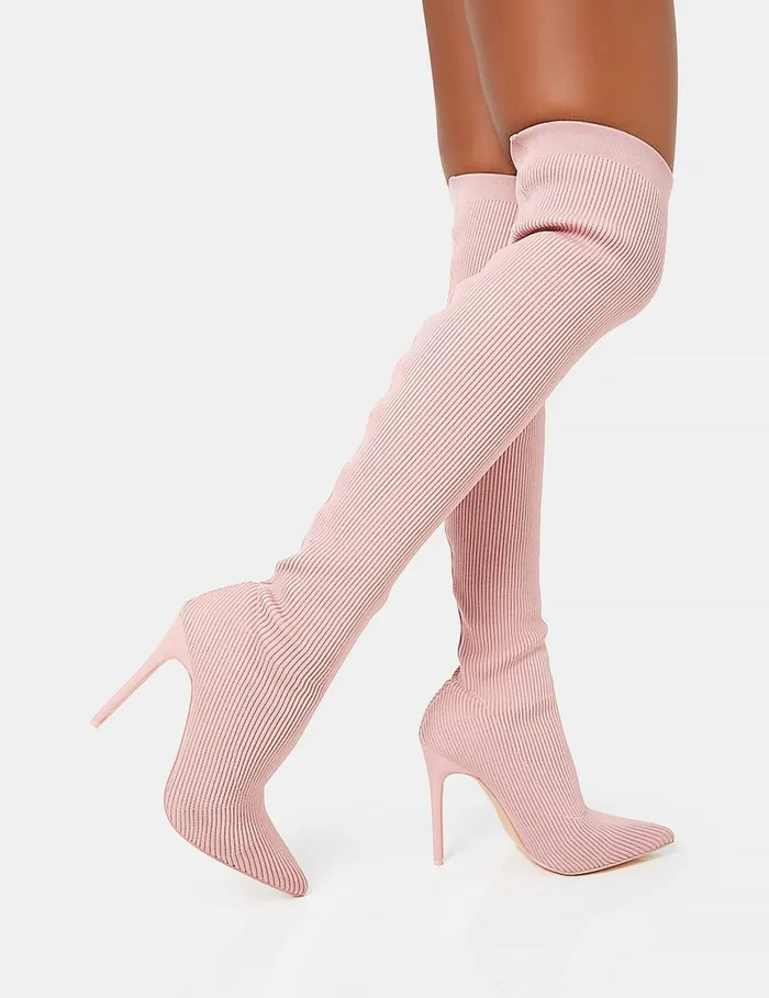 Women Chateau Wide Fit Dusty Pink Knitted Sock Stilleto Over The Knee Pointed Toe Boots Pink Public Desire Over The Knee Boots
