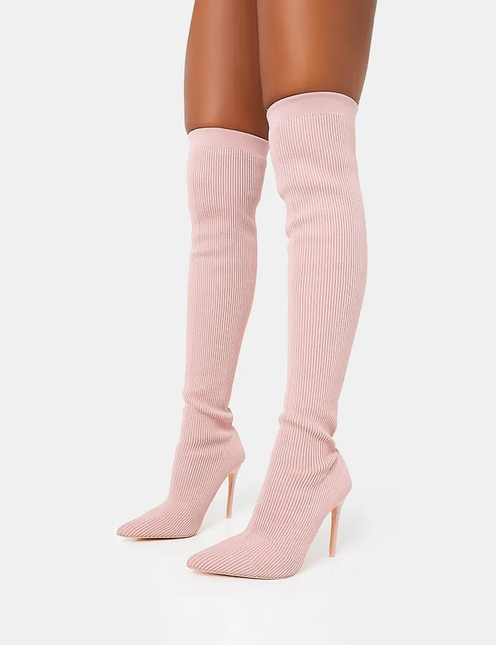 Women Chateau Wide Fit Dusty Pink Knitted Sock Stilleto Over The Knee Pointed Toe Boots Pink Public Desire Over The Knee Boots