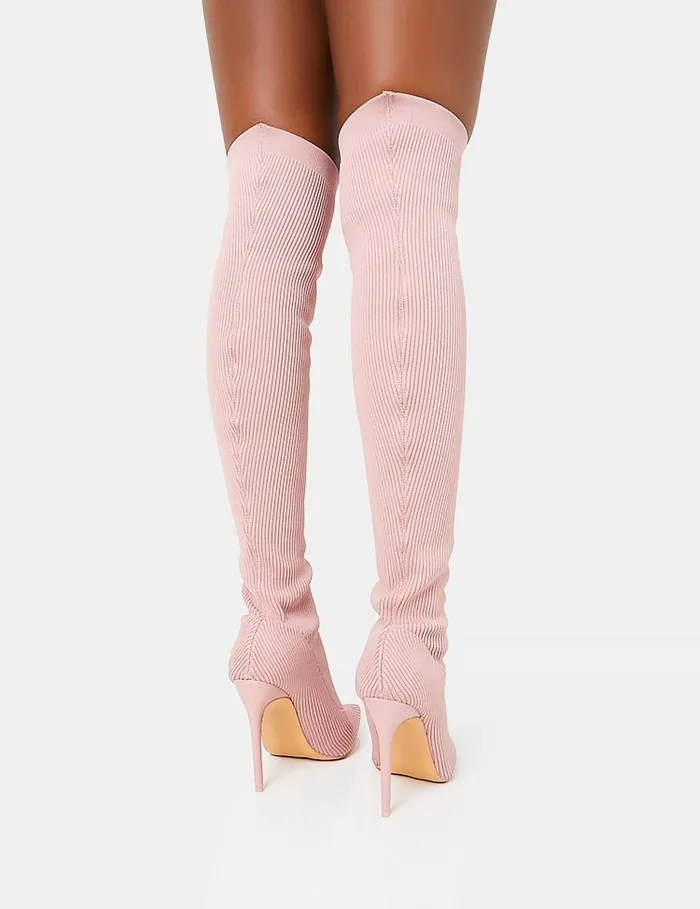 Women Chateau Wide Fit Dusty Pink Knitted Sock Stilleto Over The Knee Pointed Toe Boots Pink Public Desire Over The Knee Boots