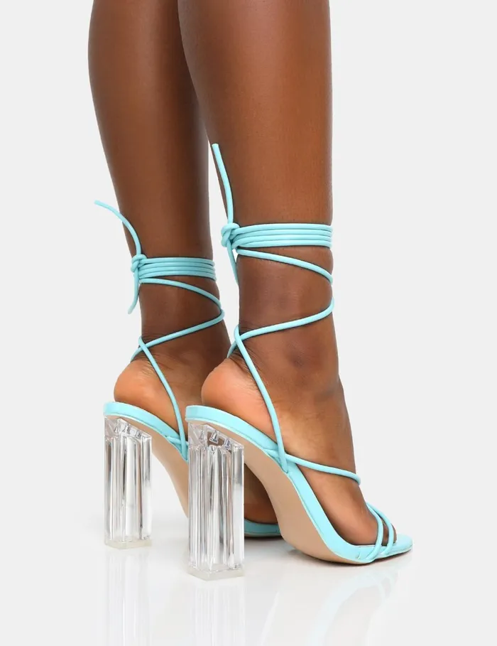 Women Clara Blue Pu Strappy Lace Up Round Toe Clear Perspex Heels Blue Public Desire Prom Women Clara Blue Pu Strappy Lace Up Round Toe Clear Perspex Heels Blue Public Desire Prom