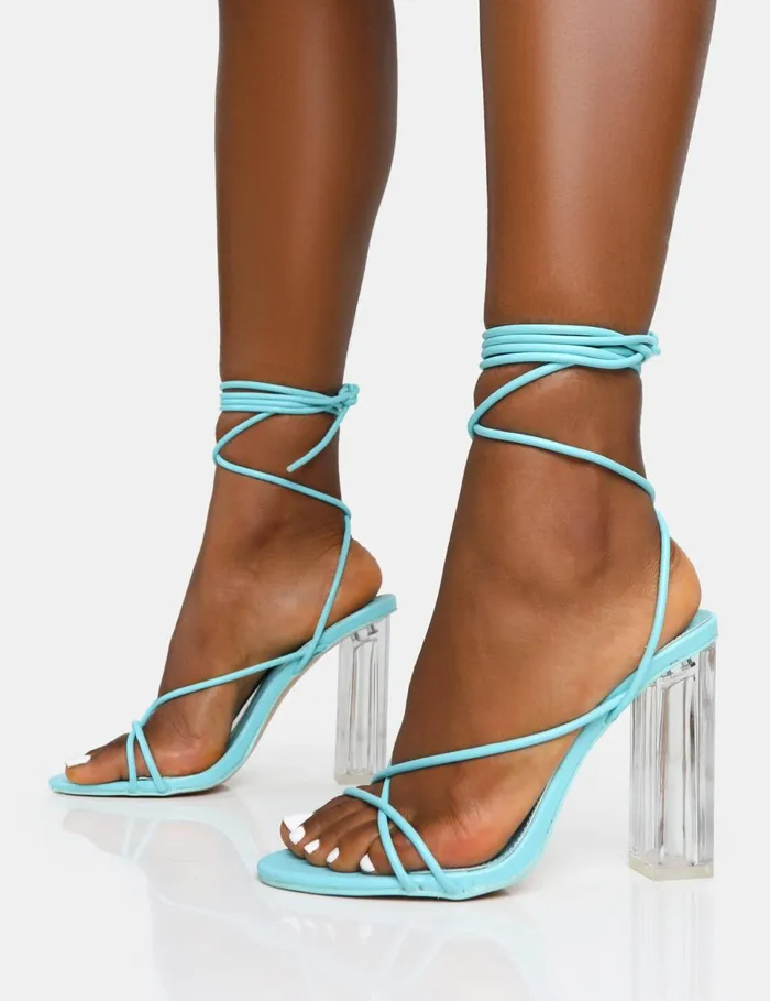 Women Clara Blue Pu Strappy Lace Up Round Toe Clear Perspex Heels Blue Public Desire Prom Women Clara Blue Pu Strappy Lace Up Round Toe Clear Perspex Heels Blue Public Desire Prom