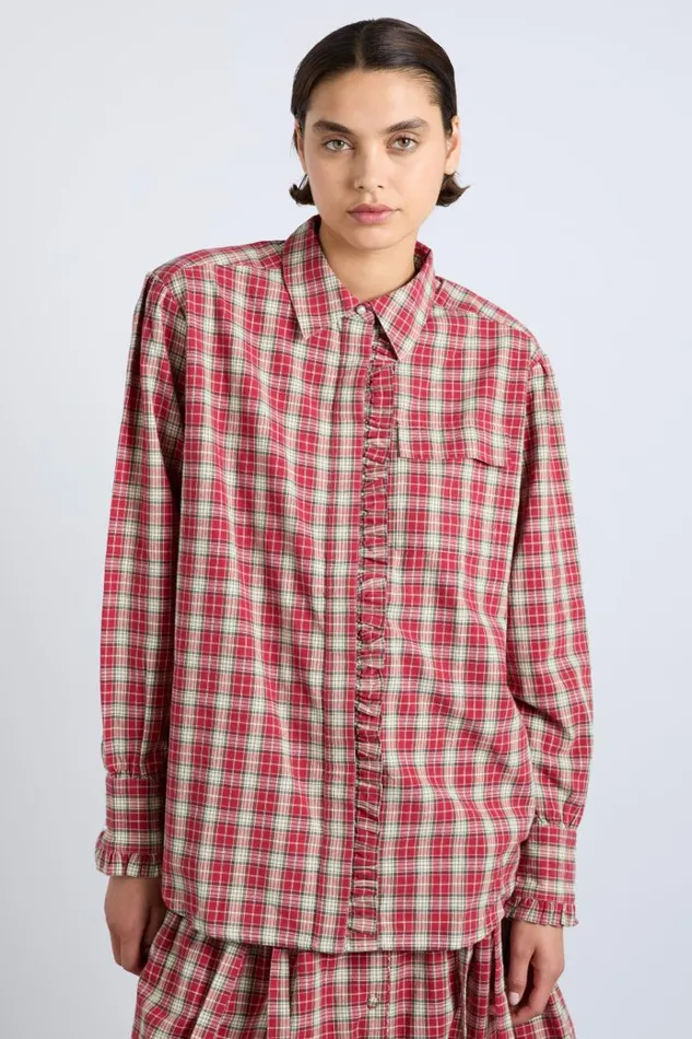 Women Coords Damson Madder Kylie Ruffle Shirt 8211 Red Check