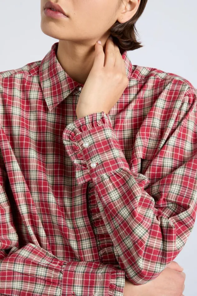 Women Coords Damson Madder Kylie Ruffle Shirt 8211 Red Check