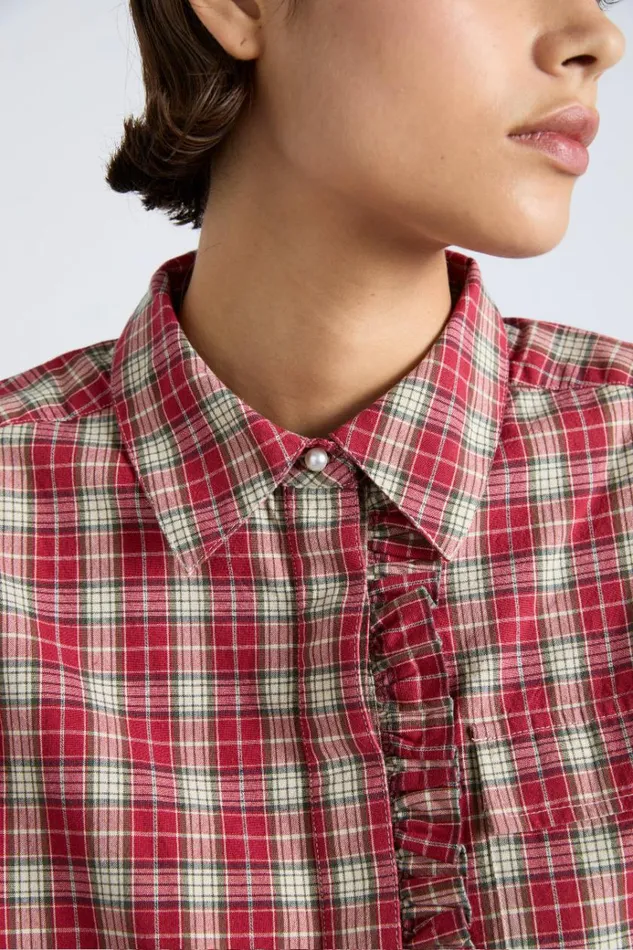 Women Coords Damson Madder Kylie Ruffle Shirt 8211 Red Check