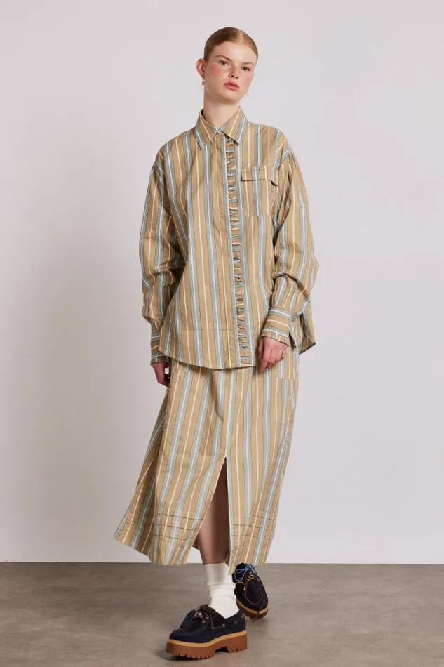 Women Coords Damson Madder Kylie Ruffle Shirt 8211 Tan Stripe