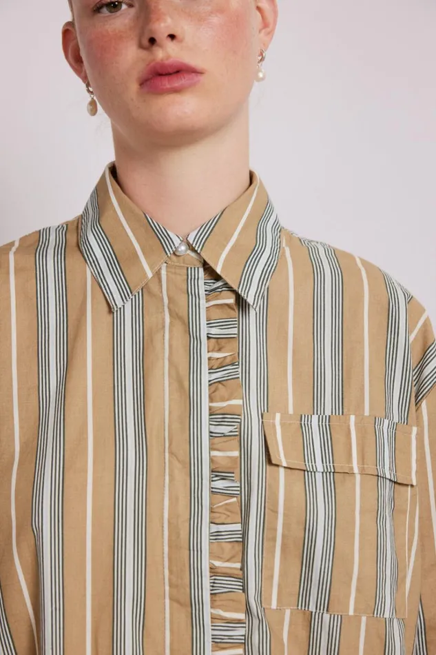 Women Coords Damson Madder Kylie Ruffle Shirt 8211 Tan Stripe