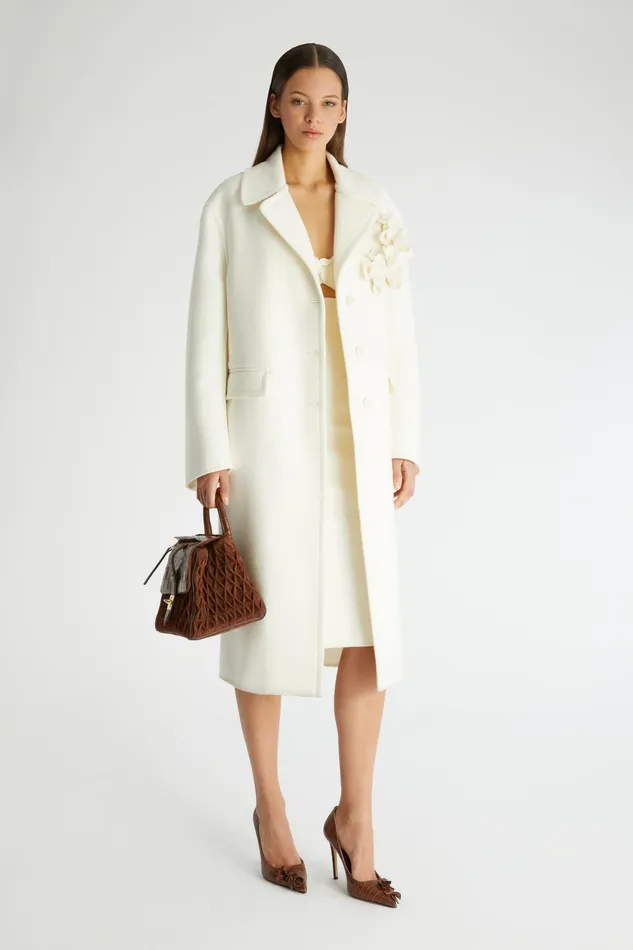 Women Coats and Down Jackets Ermanno Scervino Designer Straight Singlebreasted Coat With Floral Application 8211 Ermanno Scervino White
