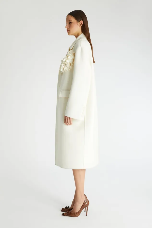Women Coats and Down Jackets Ermanno Scervino Designer Straight Singlebreasted Coat With Floral Application 8211 Ermanno Scervino White