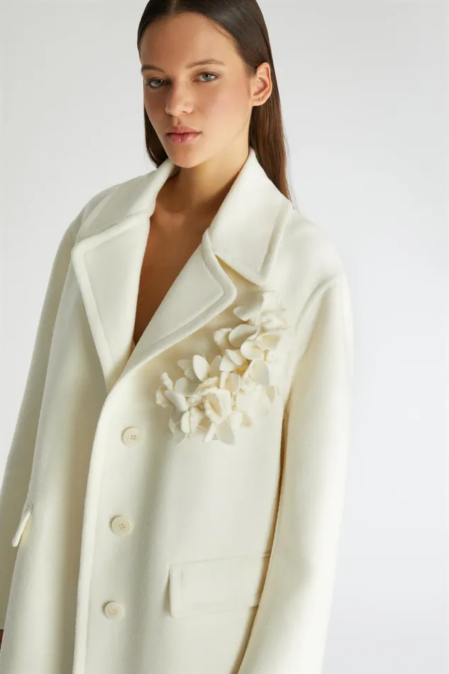 Women Coats and Down Jackets Ermanno Scervino Designer Straight Singlebreasted Coat With Floral Application 8211 Ermanno Scervino White