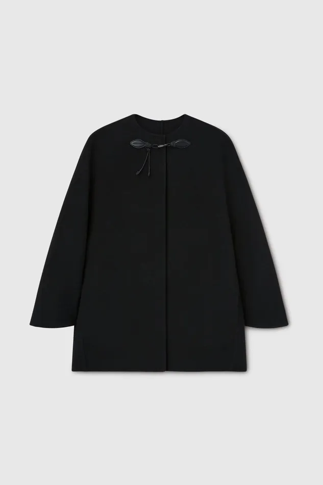 Women Coats and Down Jackets Ermanno Scervino Wool Cape With Leather Frog Black Women Coats and Down Jackets Ermanno Scervino Wool Cape With Leather Frog Black