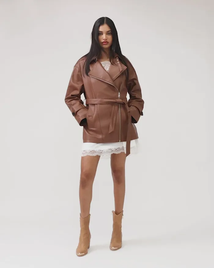 Women Coats and Jackets Belle and Bloom BFF Belted Leather Jacket 8211 Brown