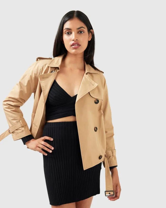 Women Coats and Jackets Belle and Bloom Cool Nights Cropped Trench Coat 8211 Khaki