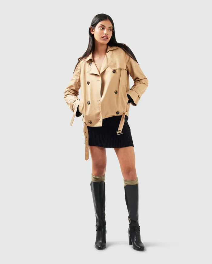 Women Coats and Jackets Belle and Bloom Cool Nights Cropped Trench Coat 8211 Khaki